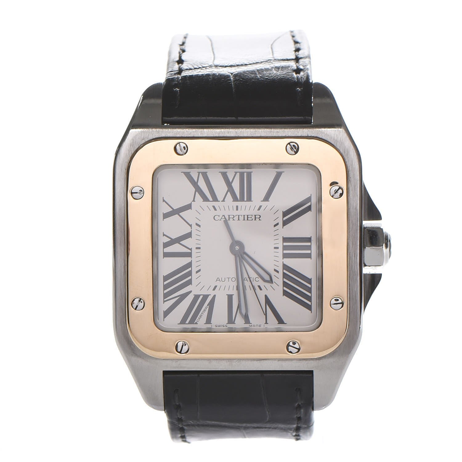 Cartier Stainless Steel 18K Yellow Gold Alligator 38mm Santos 100 Automatic Watch 1 of 18