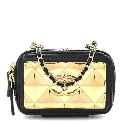 Lambskin Metal Quilted Extra Mini Vanity Case With Chain Black Gold