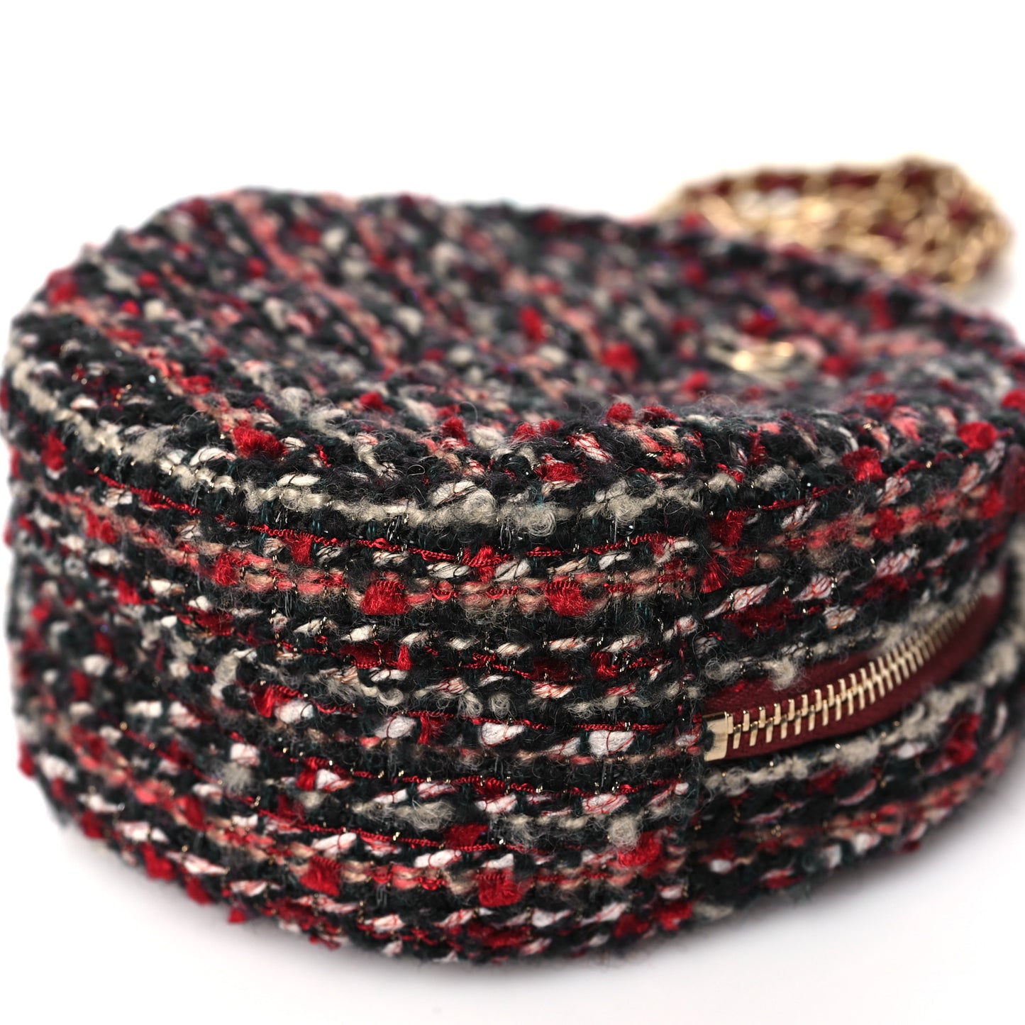 Tweed Quilted Round Clutch With Chain Red
