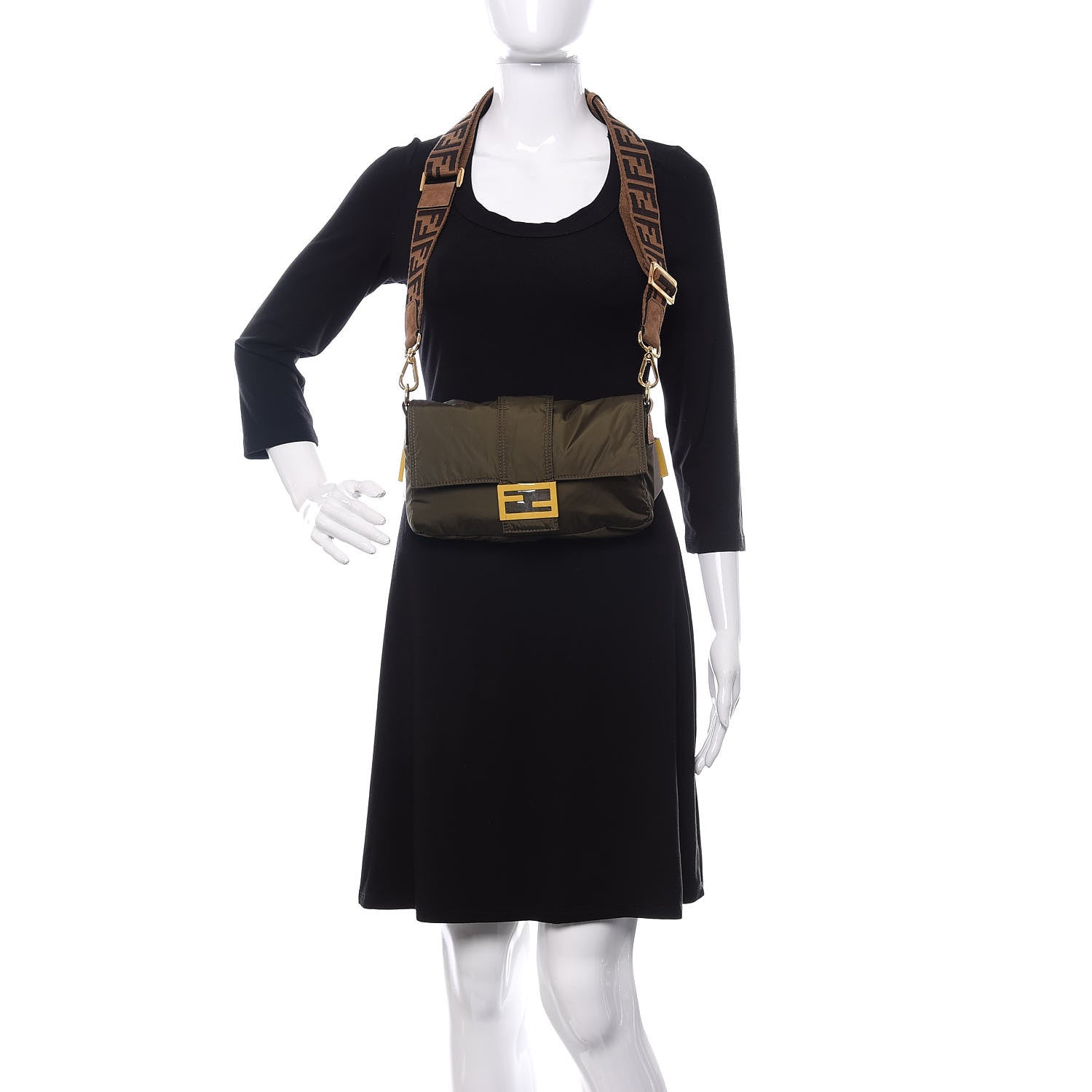 Fendi Nylon Dolmias Vitello Grace FF Puffer Belt Baguette Bag Military Brown Tortora 2 of 11