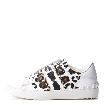Valentino Garavani Calfskin Leopard Print Rockstud Untitled Open Sneakers 38 White 1 of 10
