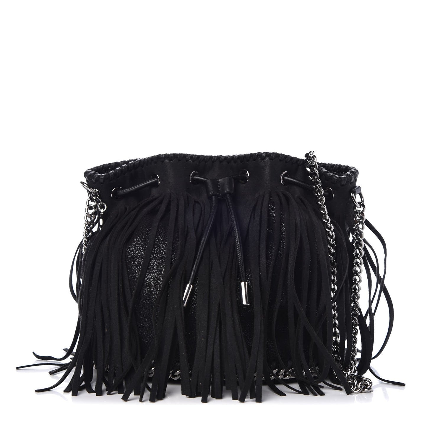 Shaggy Deer Fringe Falabella Bucket Bag Black