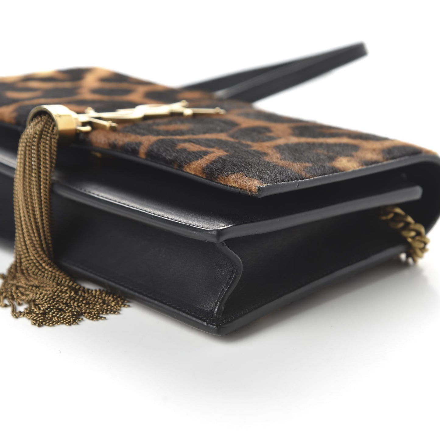Pony Hair Leopard Print Classic Monogram Kate Tassel Chain Wallet Black