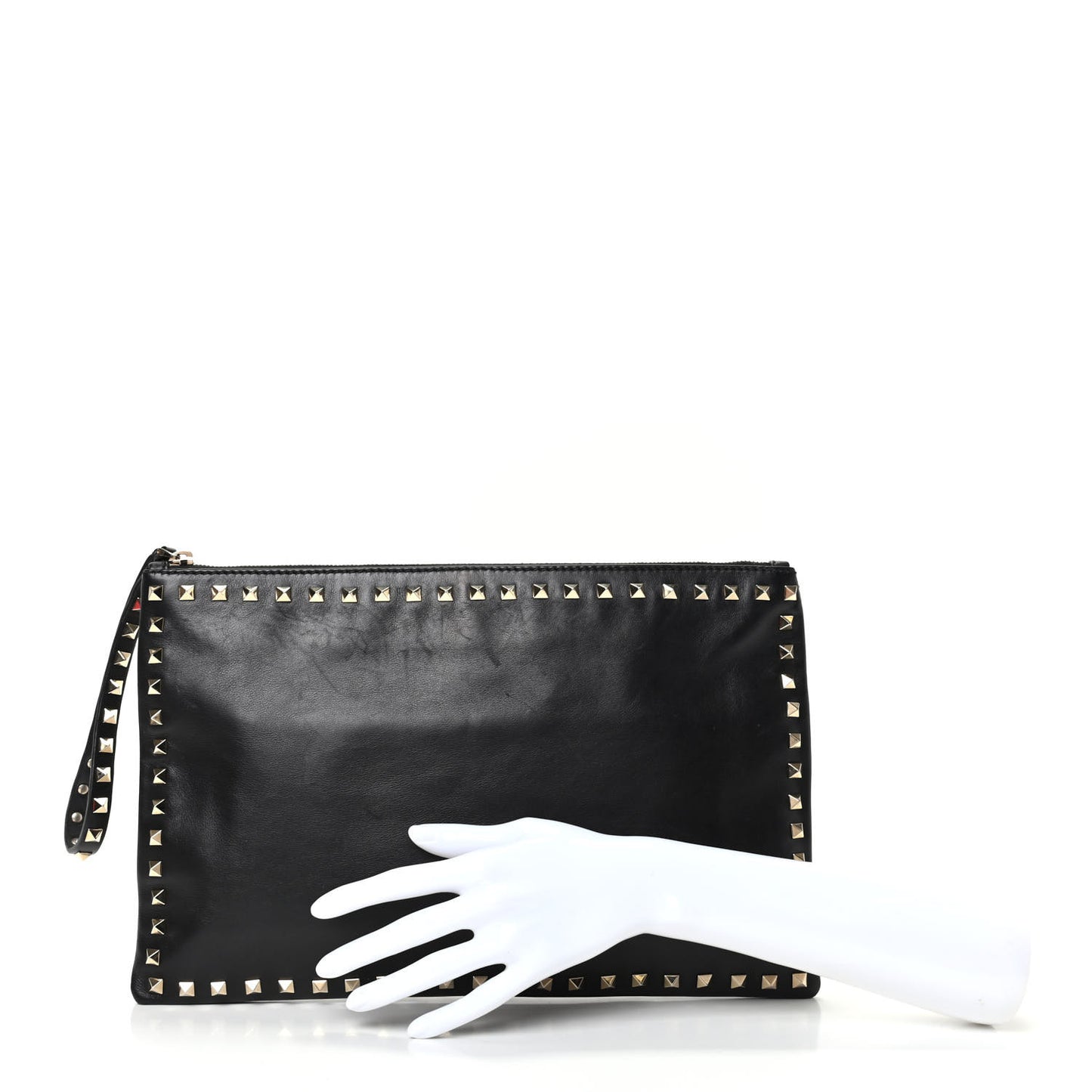 Vitello Large Rockstud Zip Wristlet Pouch Black