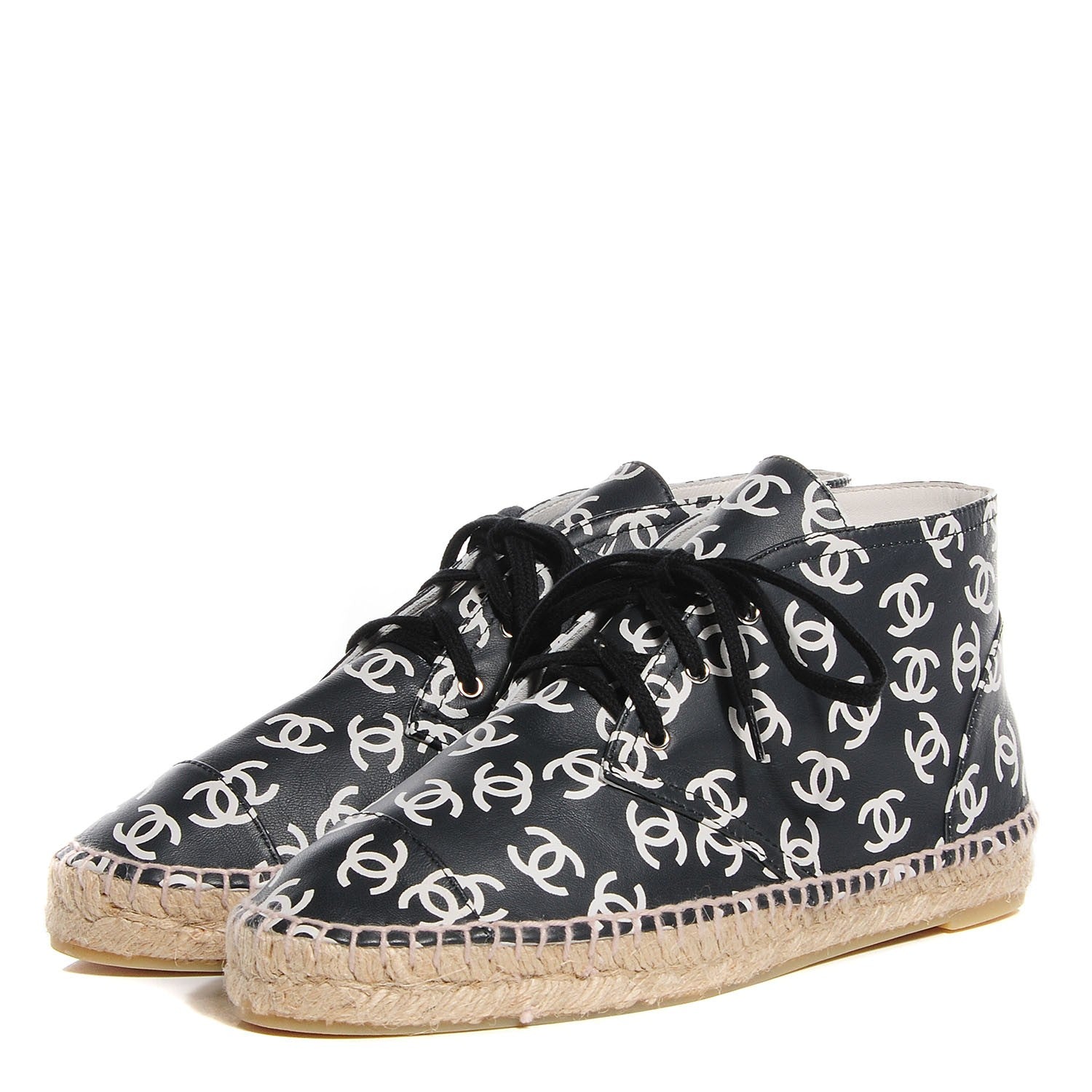 Chanel Lambskin Printed CC Lace Up Espadrilles 39 Black White 3 of 7
