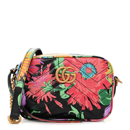 Gucci X KEN SCOTT Calfskin Matelasse Floral Print Mini GG Marmont Chain Shoulder Bag Black Pink 1 of 9