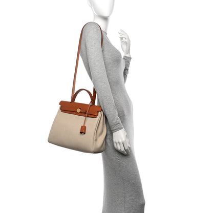 Hermes Military Toile Vache Hunter Herbag Zip Retourne 31 PM Beton Naturel 2 of 12