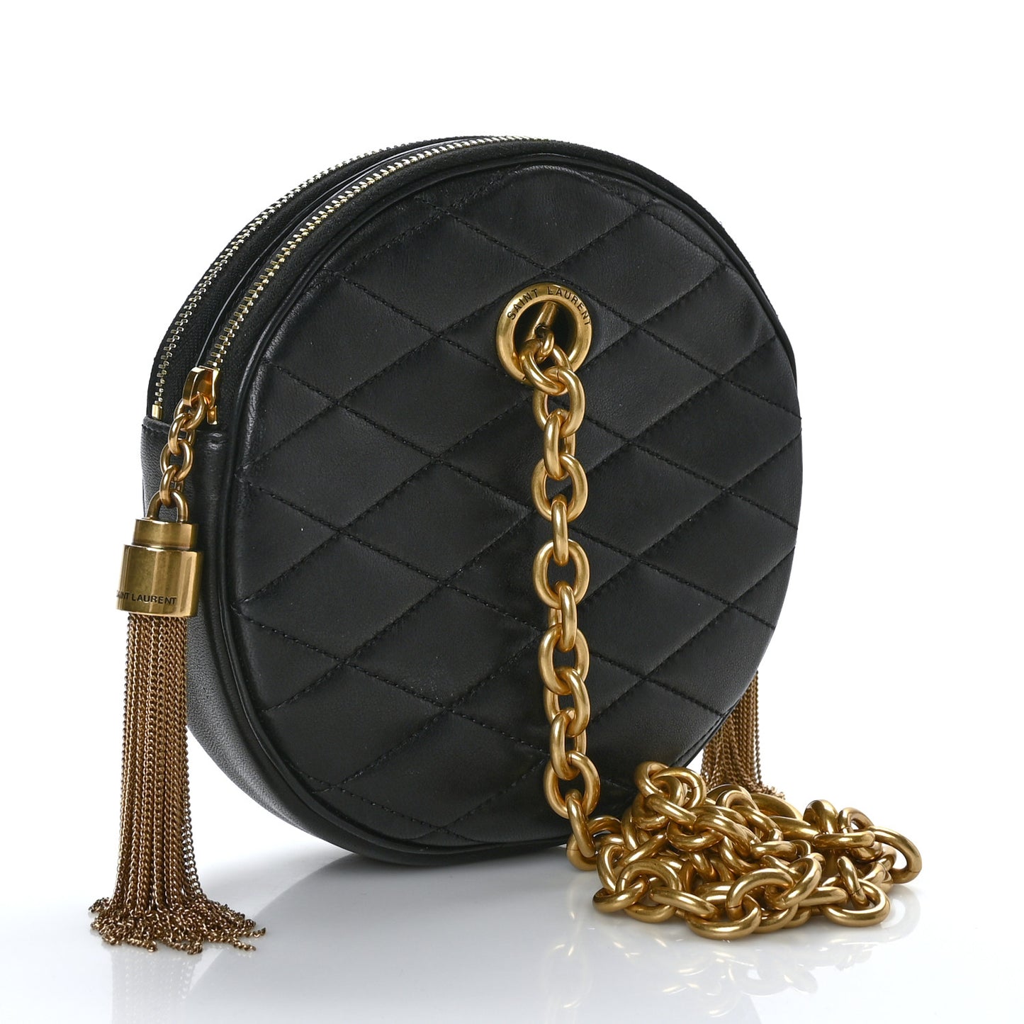 Lambskin Quilted Round Le Maillon Round Tassel Chain Crossbody Bag Black