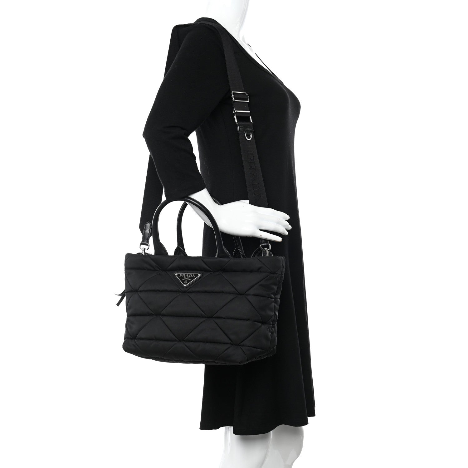 Prada Re-Nylon Nappa Triangle Quilted Padded Small Double Handled Zip Tote Black 2 of 16