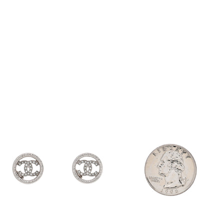 Chanel Metal Crystal Textured CC Round Earrings Silver 2 of 4