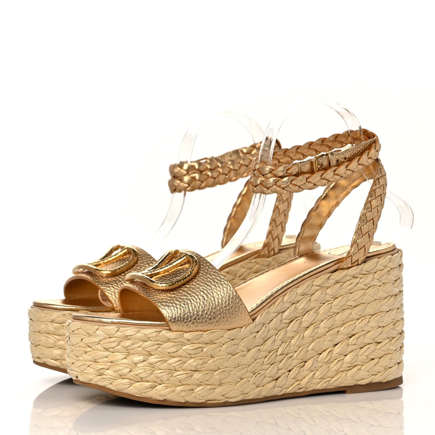Metallic Pebbled Calfskin VLogo Ankle Wrap Espadrille 45/90mm Platform Wedge Sandals 41 Antique Brass