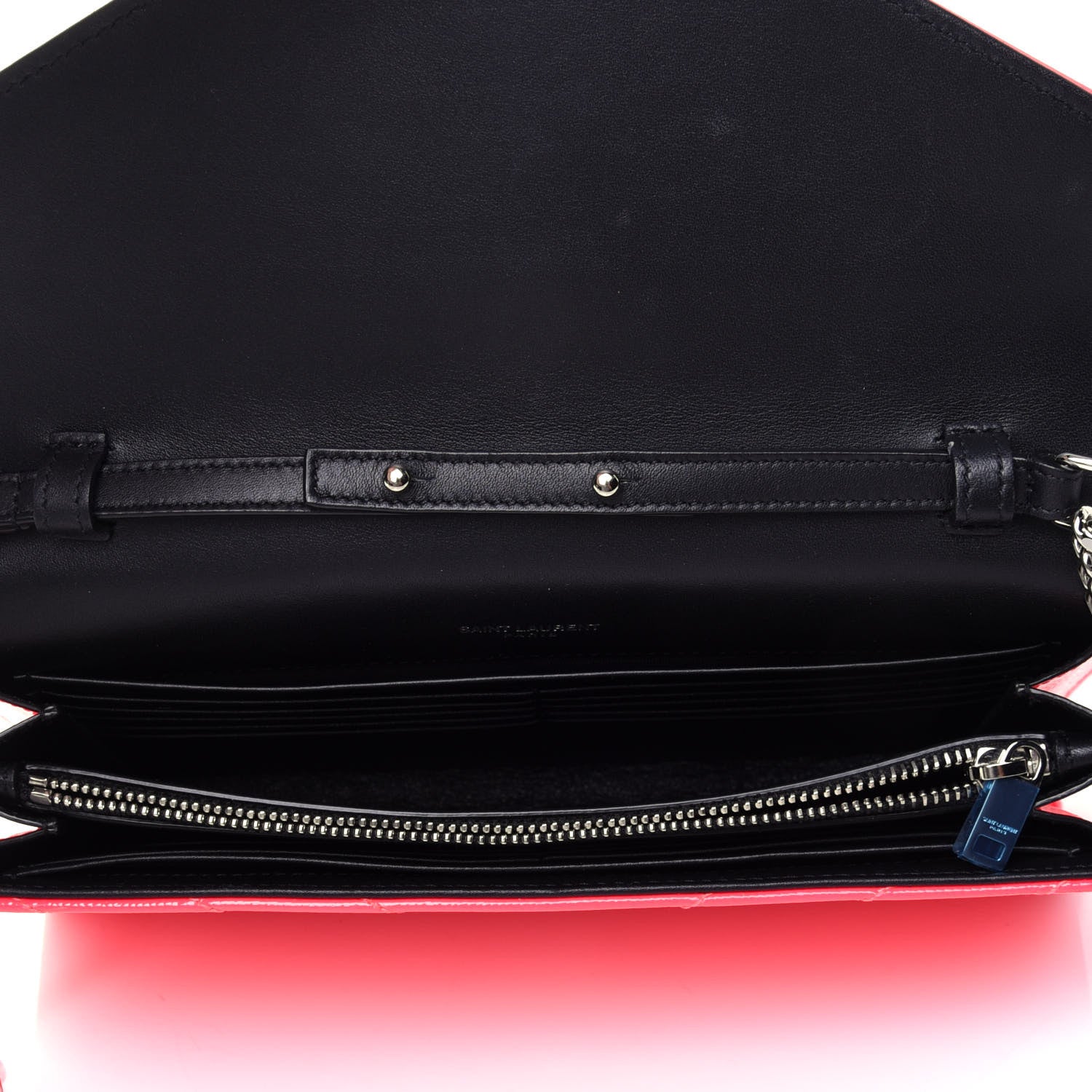 Saint Laurent Patent Grain De Poudre Matelasse Chevron Monogram Chain Wallet Neon Pink 3 of 4