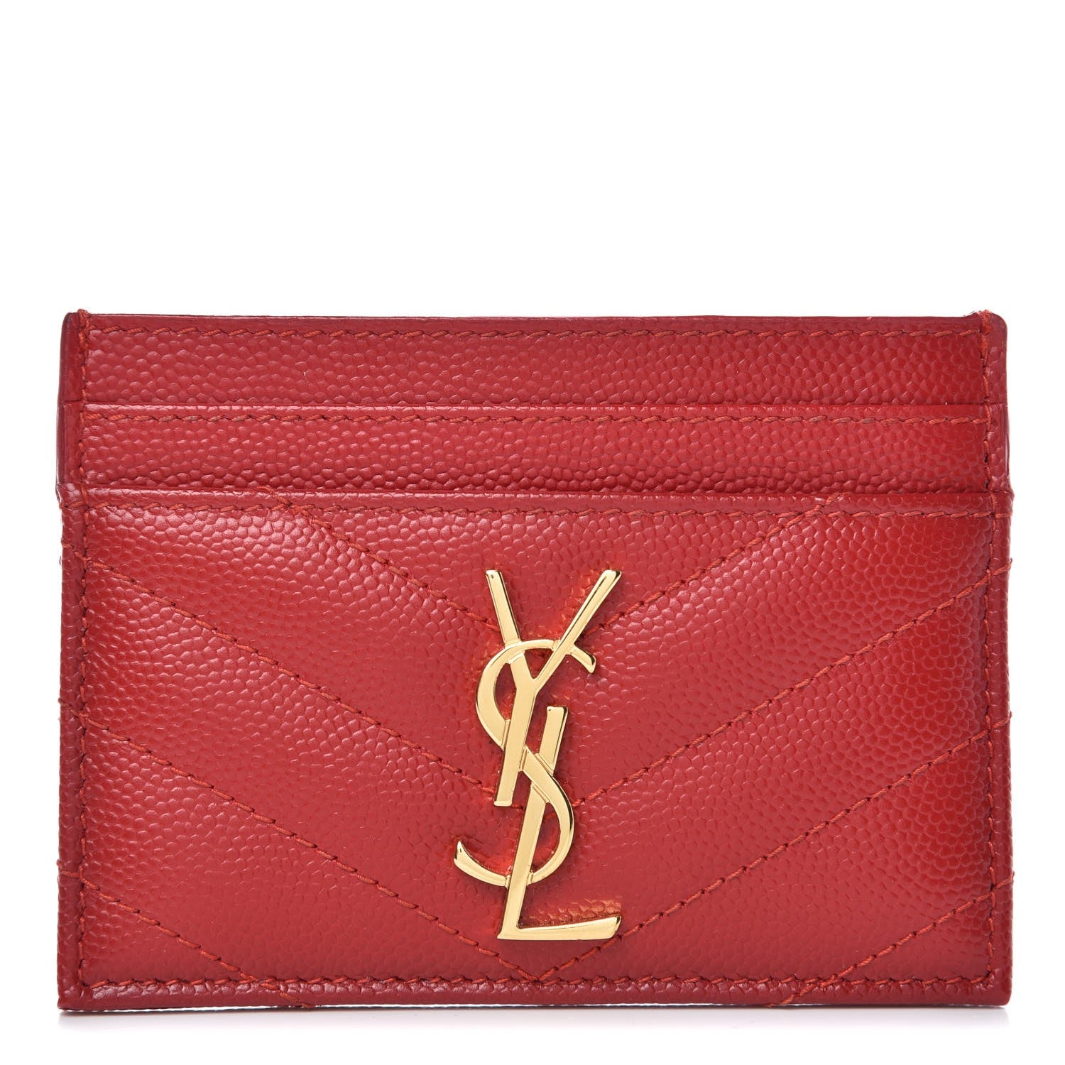 Saint Laurent Grain De Poudre Matelasse Chevron Monogram Credit Card Case New Red 1 of 8