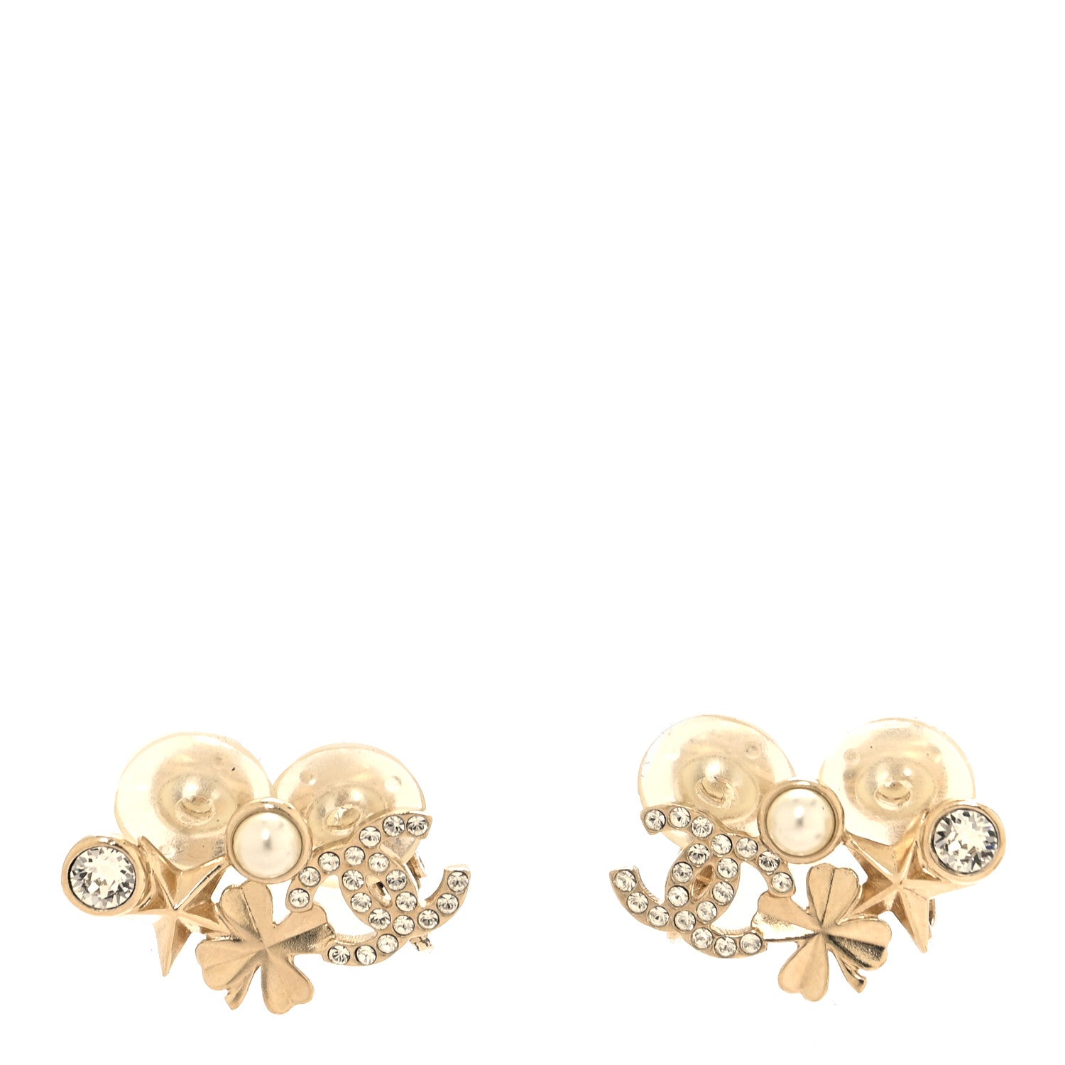 Chanel Crystal Pearl CC Star Clover Clip On Earrings Gold Pearly White 1 of 5