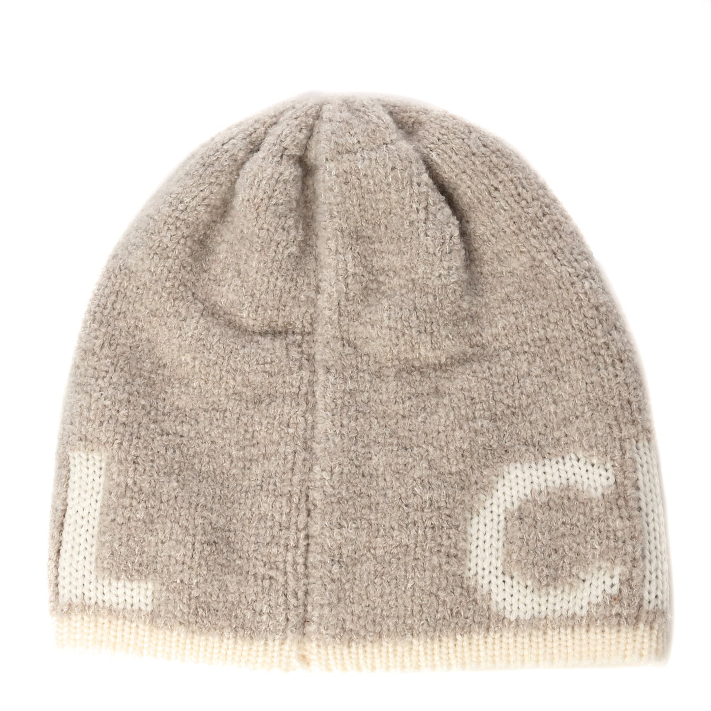 Cashmere Wool Silk Logo Beanie Hat Beige White