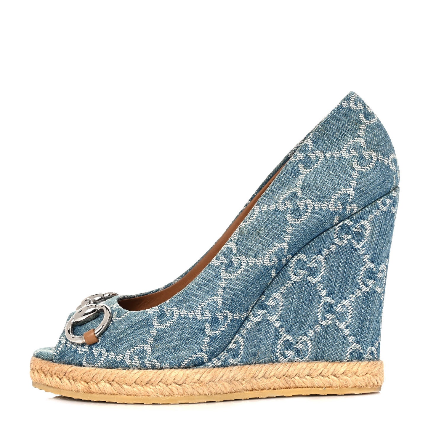 Denim Monogram Horsebit Open Toe Espadrille Wedges 35 Blue