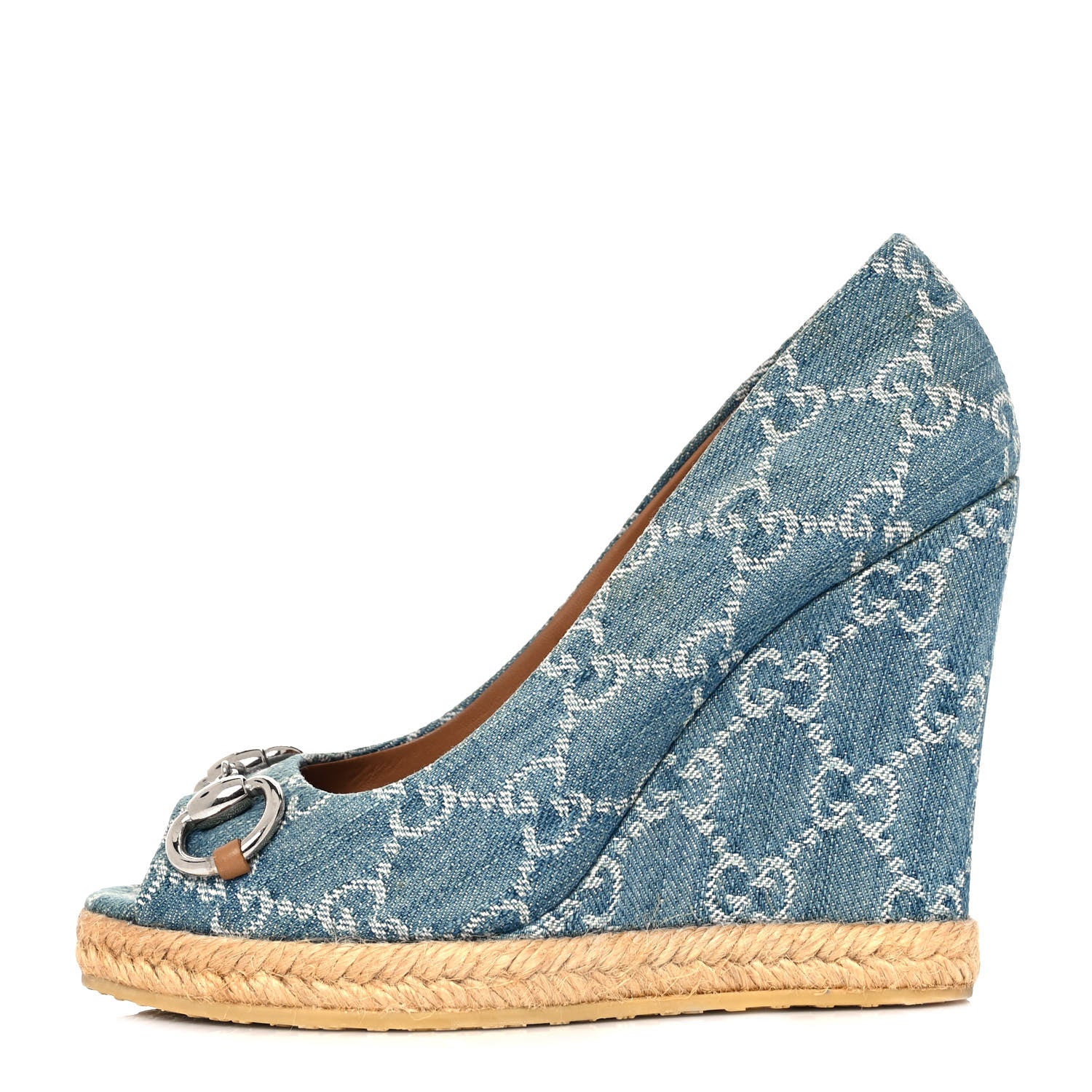 Gucci Denim Monogram Horsebit Open Toe Espadrille Wedges 35 Blue 1 of 9