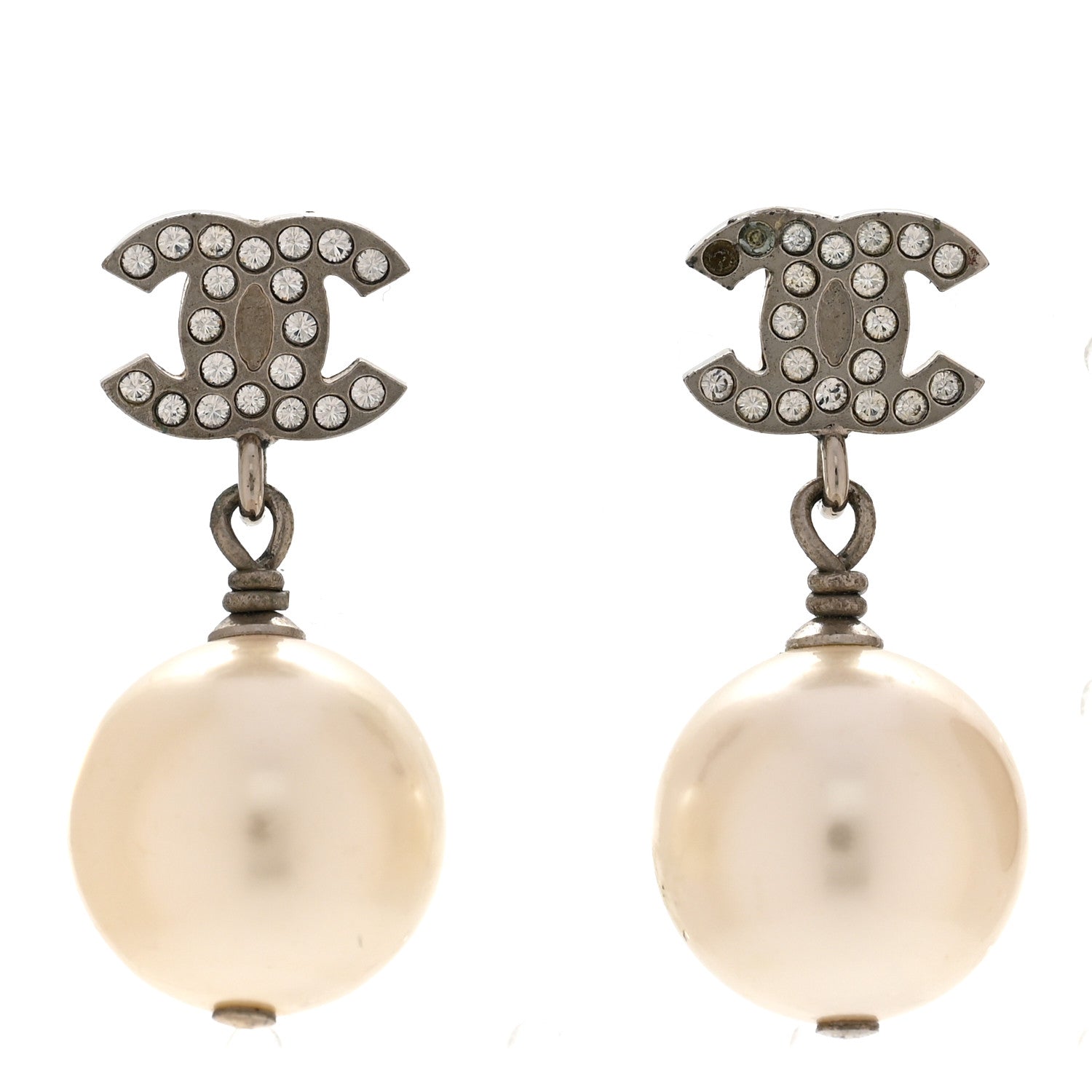 Chanel Crystal Pearl CC Drop Earrings Silver Pearly White 1 of 7