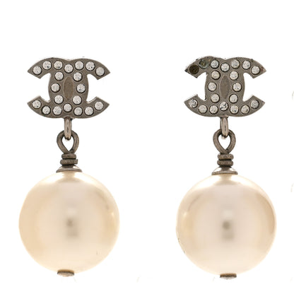 Chanel Crystal Pearl CC Drop Earrings Silver Pearly White 1 of 7