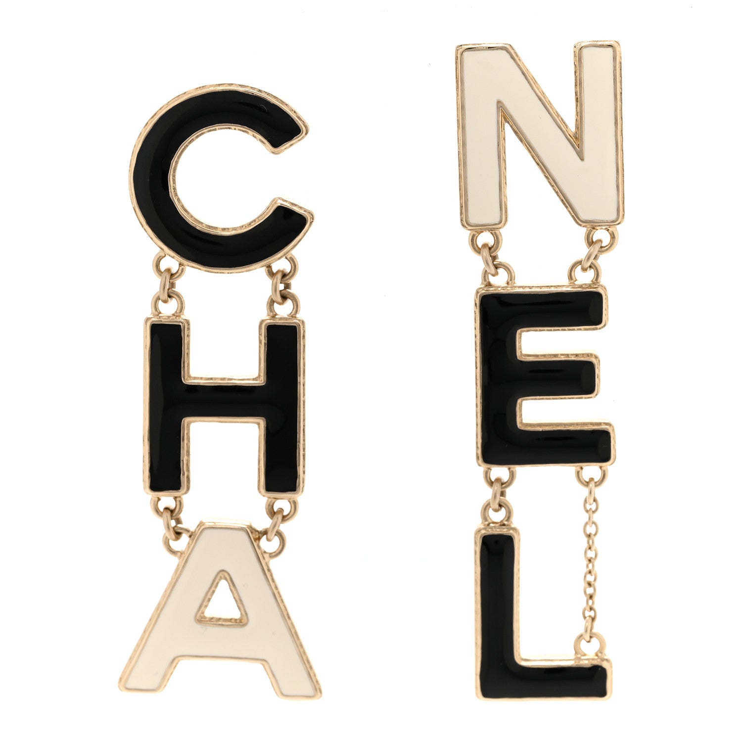 Chanel Metal Enamel Cha-Nel Logo Drop Earrings Black White 1 of 4