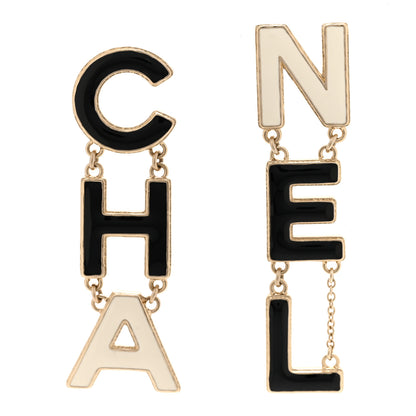 Chanel Metal Enamel Cha-Nel Logo Drop Earrings Black White 1 of 4