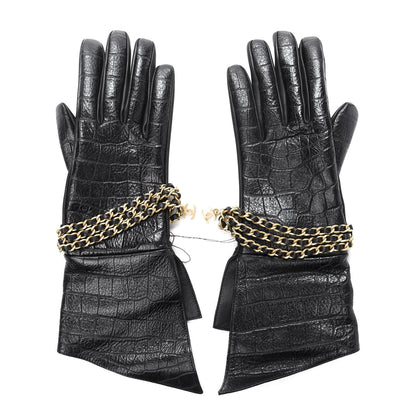 Chanel Lambskin Crocodile Embossed Chain Gloves 8 Black 1 of 5