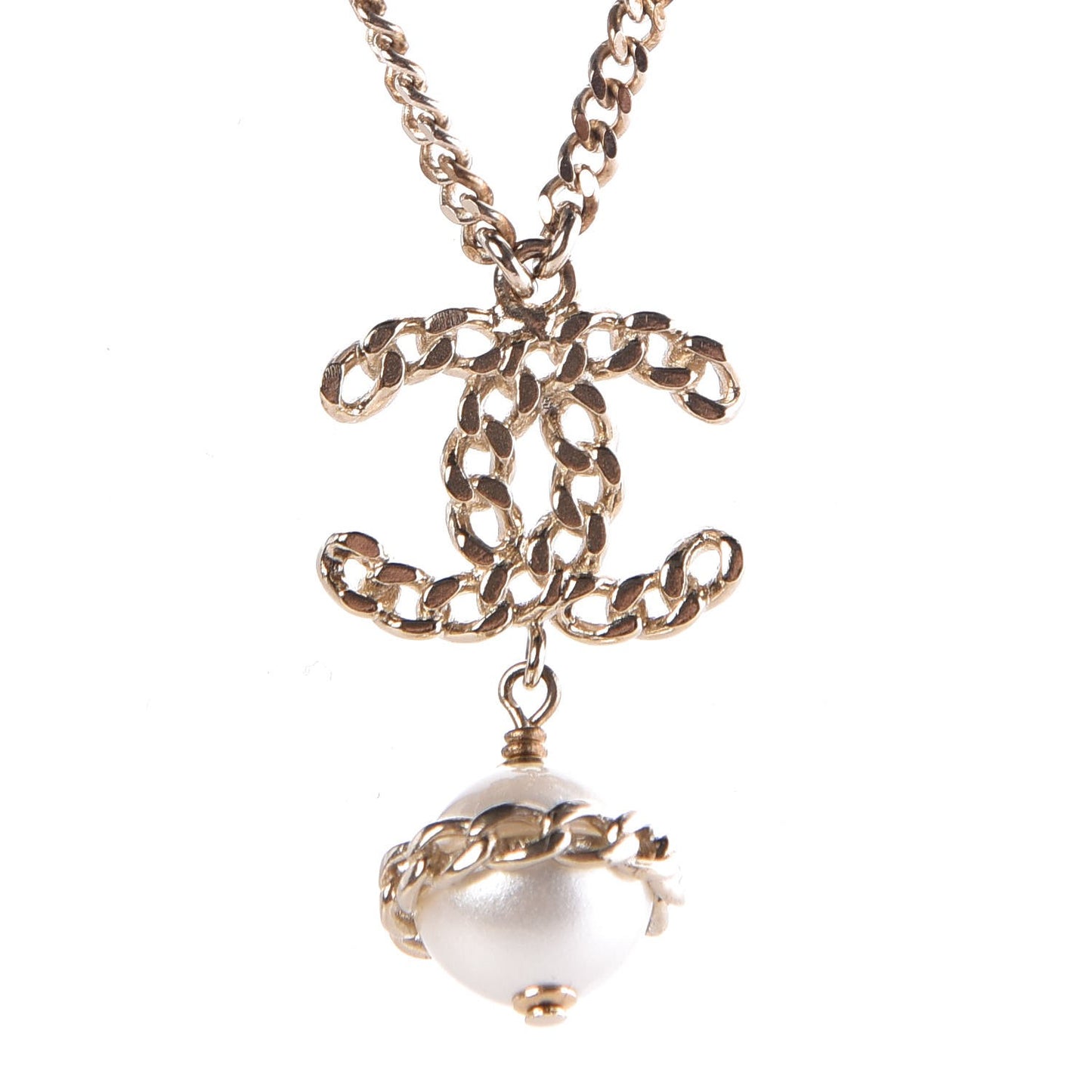 Chain CC Pearl Drop Necklace Gold