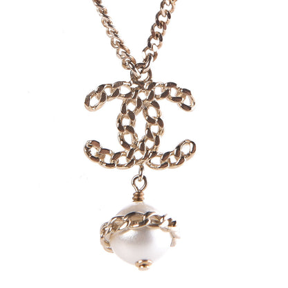 Chanel Chain CC Pearl Drop Necklace Gold 4 of 7