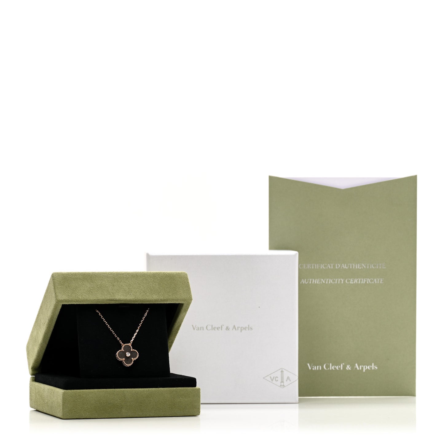 18K Rose Gold Diamond Silver Obsidian Vintage Alhambra Pendant Necklace