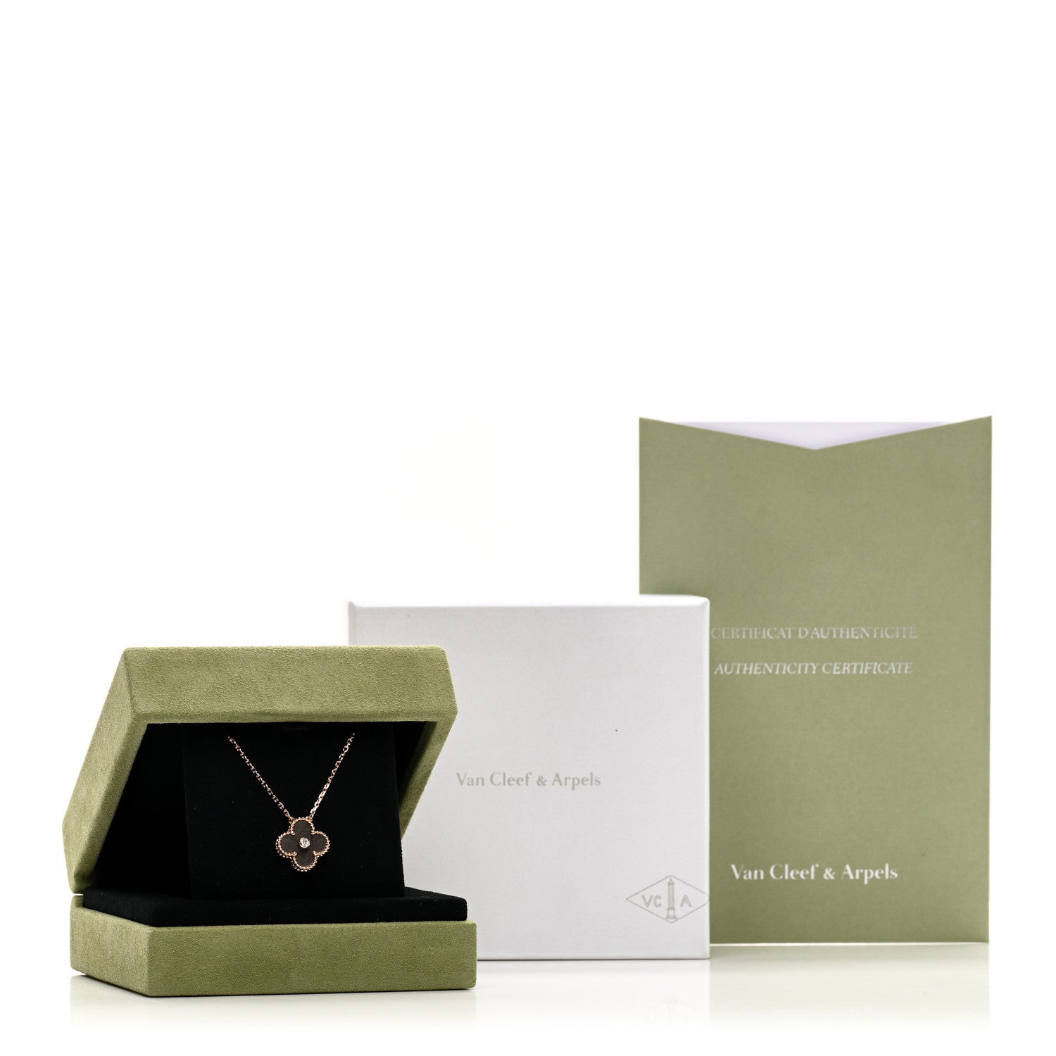 Van Cleef & Arpels 18K Rose Gold Diamond Silver Obsidian Vintage Alhambra Pendant Necklace 5 of 5