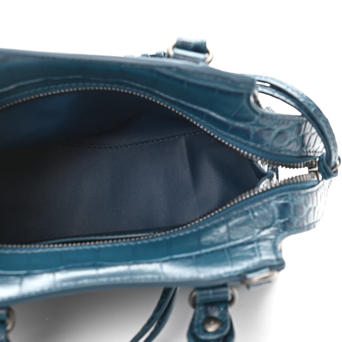 Calfskin Crocodile Embossed Neo Classic Silver Hardware Mini City Dark Petrol Blue