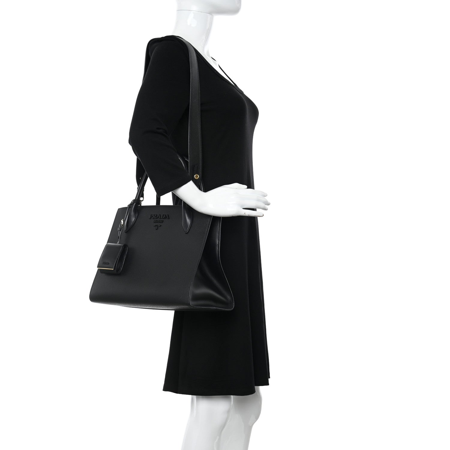 Prada Saffiano Cuir Calfskin Medium Monochrome Top Handle Tote Black 2 of 10