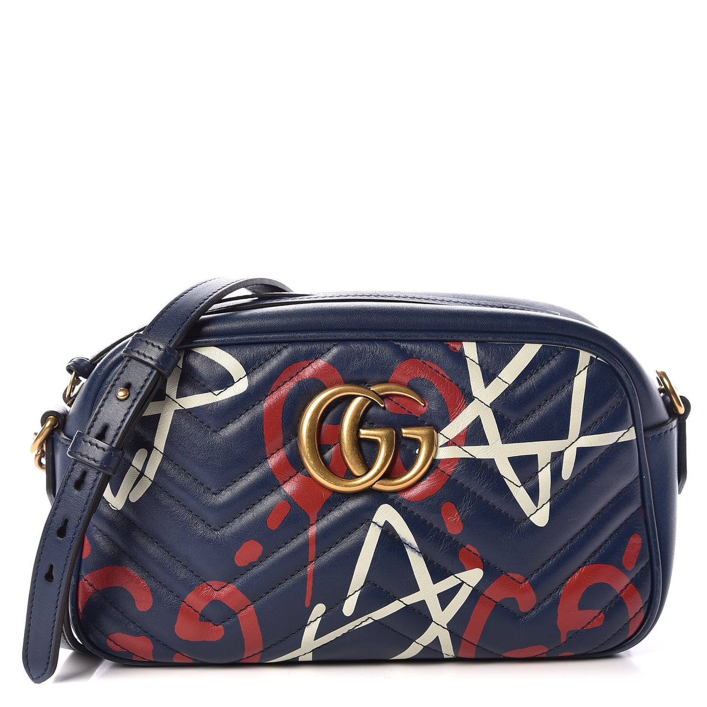 Calfskin Matelasse GucciGhost Small GG Marmont Chain Shoulder Bag Blue Agata Hibiscus Red