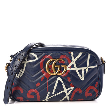 Gucci Calfskin Matelasse GucciGhost Small GG Marmont Chain Shoulder Bag Blue Agata Hibiscus Red 1 of 16