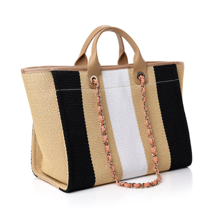 Chanel Straw Raffia Calfskin Striped Medium Deauville Tote Black Beige Ivory 4 of 11
