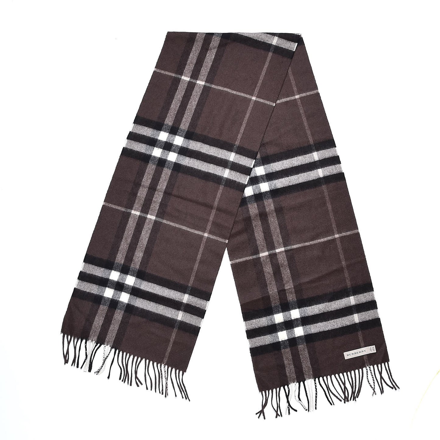 Cashmere Giant Check Fringe Scarf Bitter Chocolate