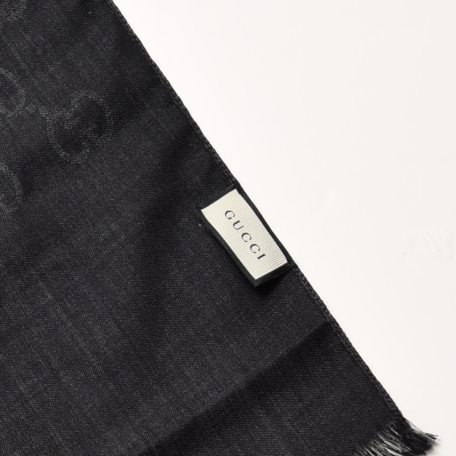 Gucci Wool Silk Monogram Fringe Scarf Grey Black 4 of 5