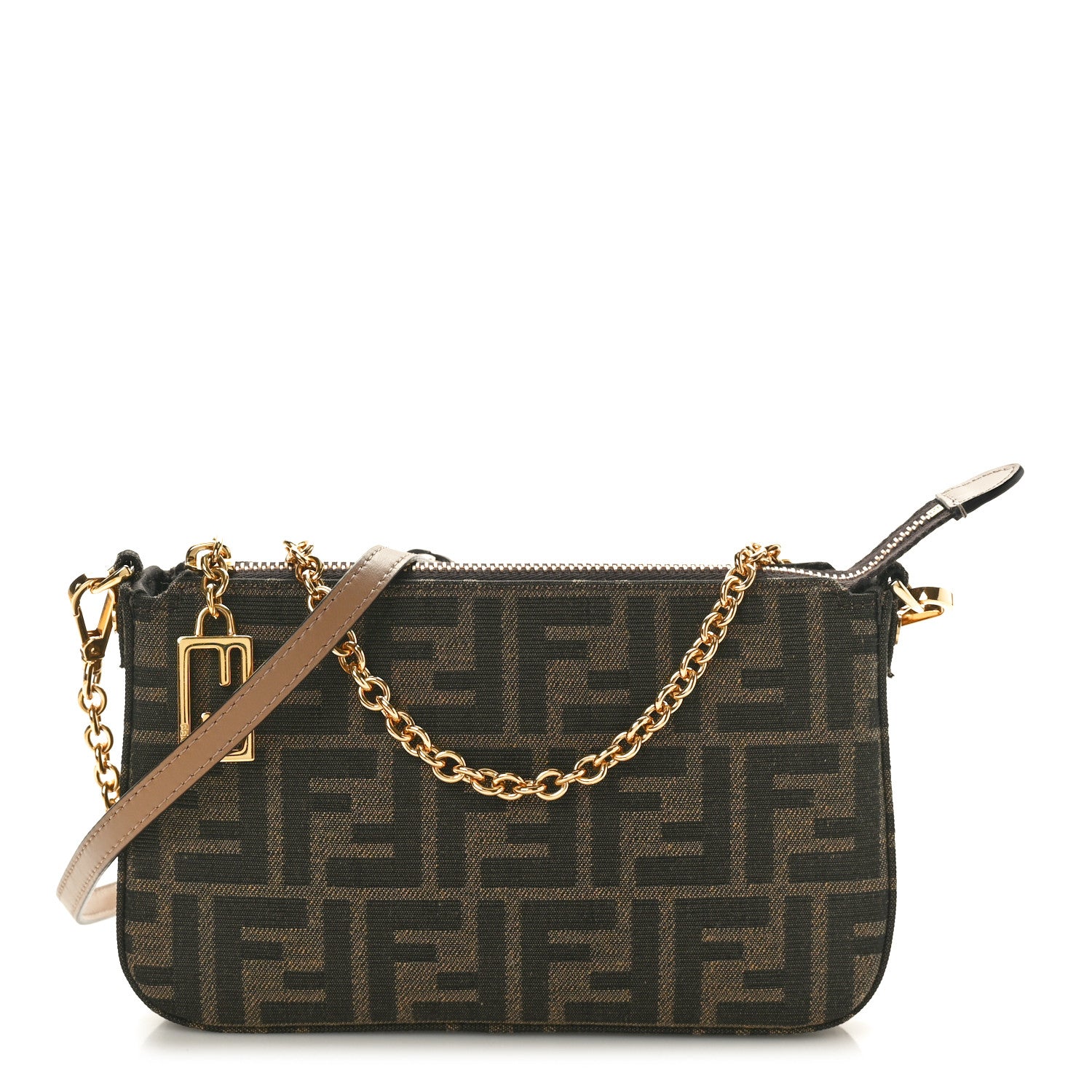 Fendi Fabric Jacquard Vitello Grace FF 1974 Baguette Pouch Tobacco Moro Sand 1 of 10