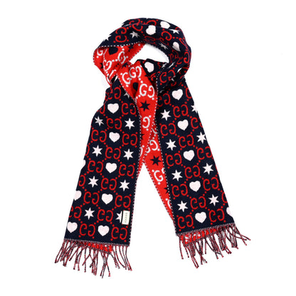 Gucci Wool Jacquard GG Monogram Hearts Scarf Red Blue 1 of 4