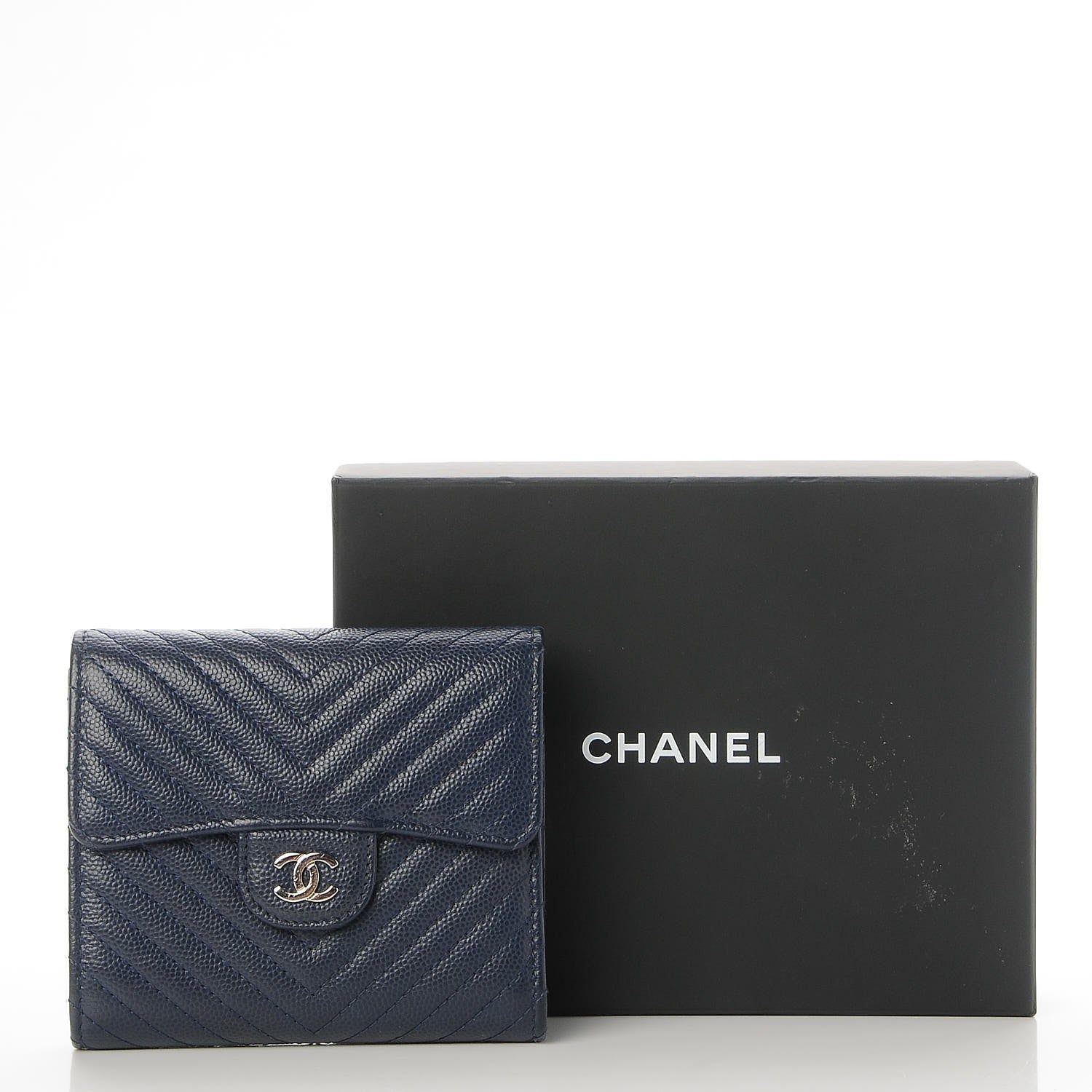 Chanel Caviar Chevron Quilted Compact Flap Wallet Navy 9 of 9