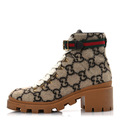 Gucci Covered Wool Big GG Monogram Womens Lace Up Combat Ankle Boots 40 Beige Ebony Cocoa 1 of 19