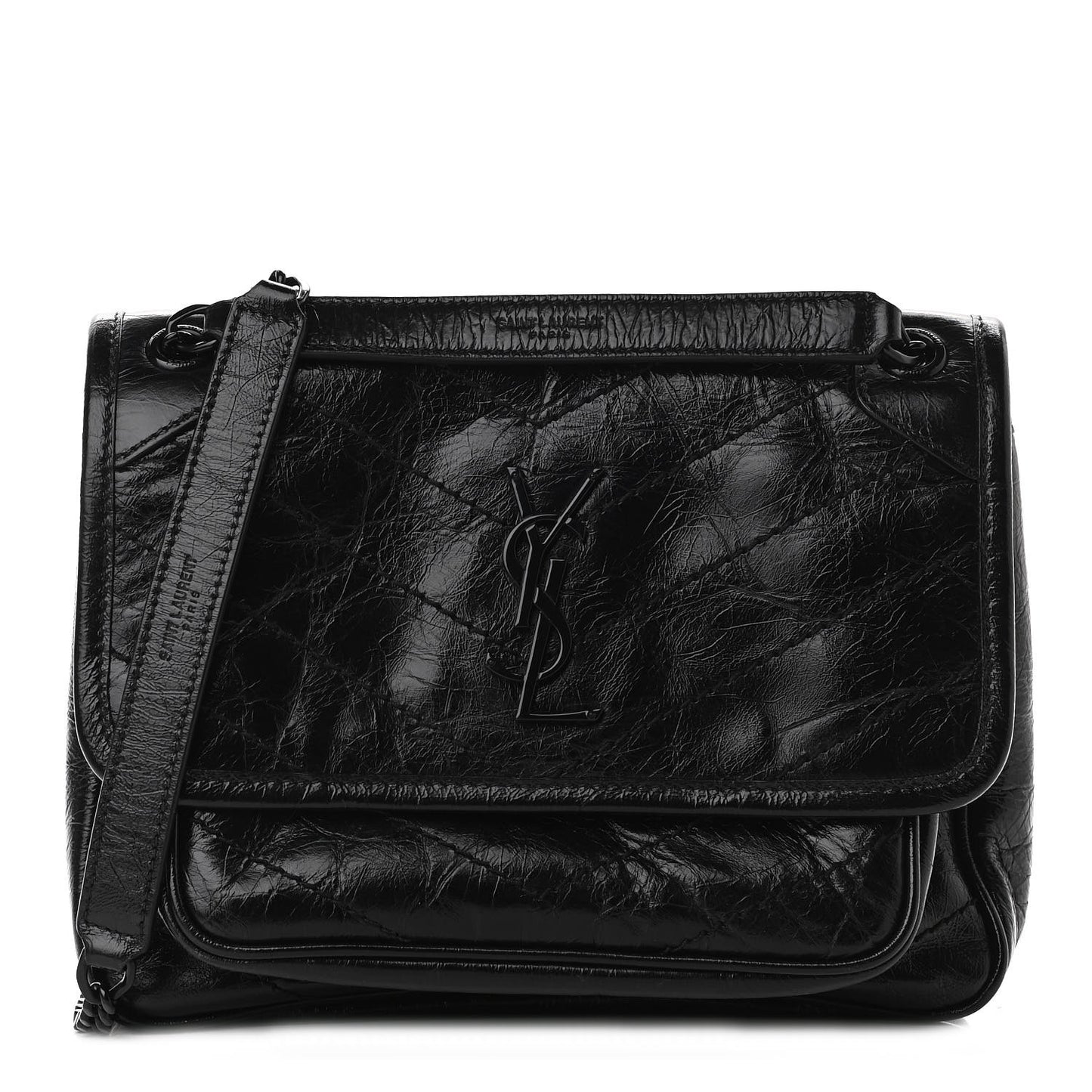 Crinkled Calfskin Matelasse Monogram Baby Niki Chain Satchel Black