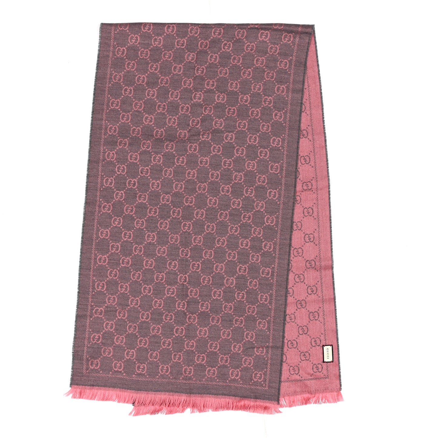 Wool Jacquard GG Monogram Sten Fringe Scarf Graphite Pink