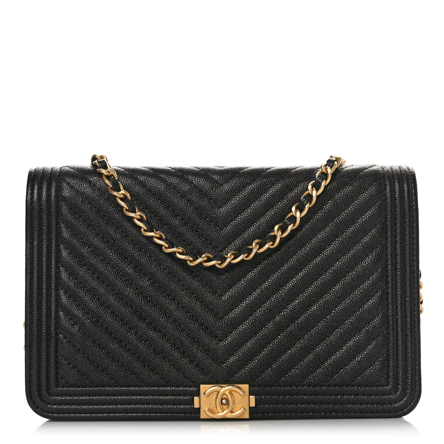 Caviar Chevron Quilted Boy Wallet On Chain WOC Black
