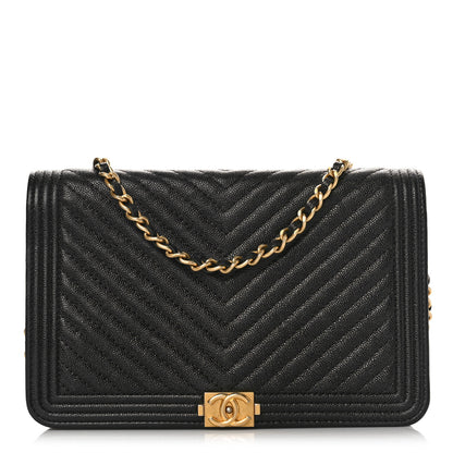 Chanel Caviar Chevron Quilted Boy Wallet On Chain WOC Black 1 of 11