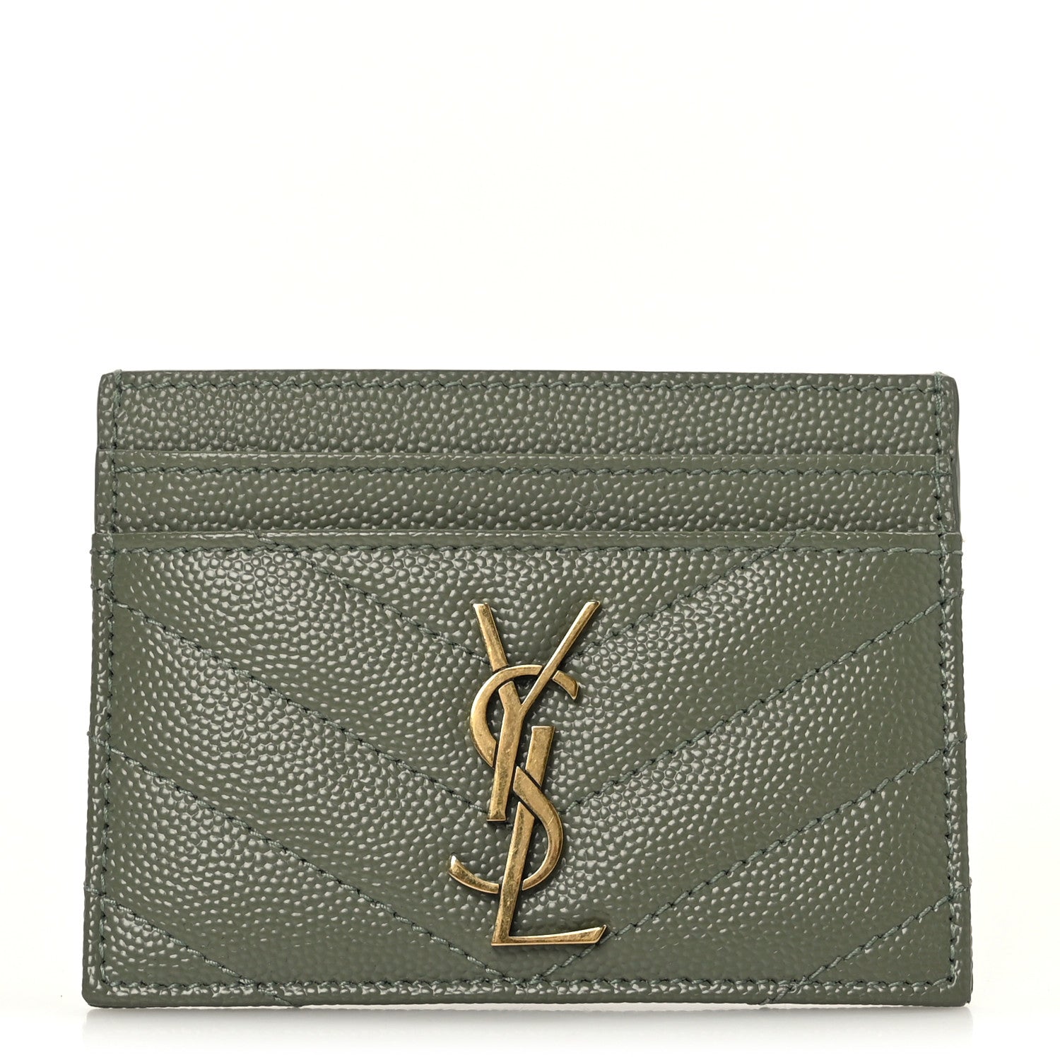 Saint Laurent Grain De Poudre Matelasse Chevron Monogram Credit Card Case Light Sage 1 of 7