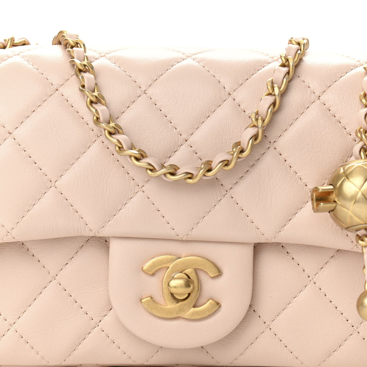 Lambskin Quilted Mini Rectangular Pearl Crush Flap Light Beige