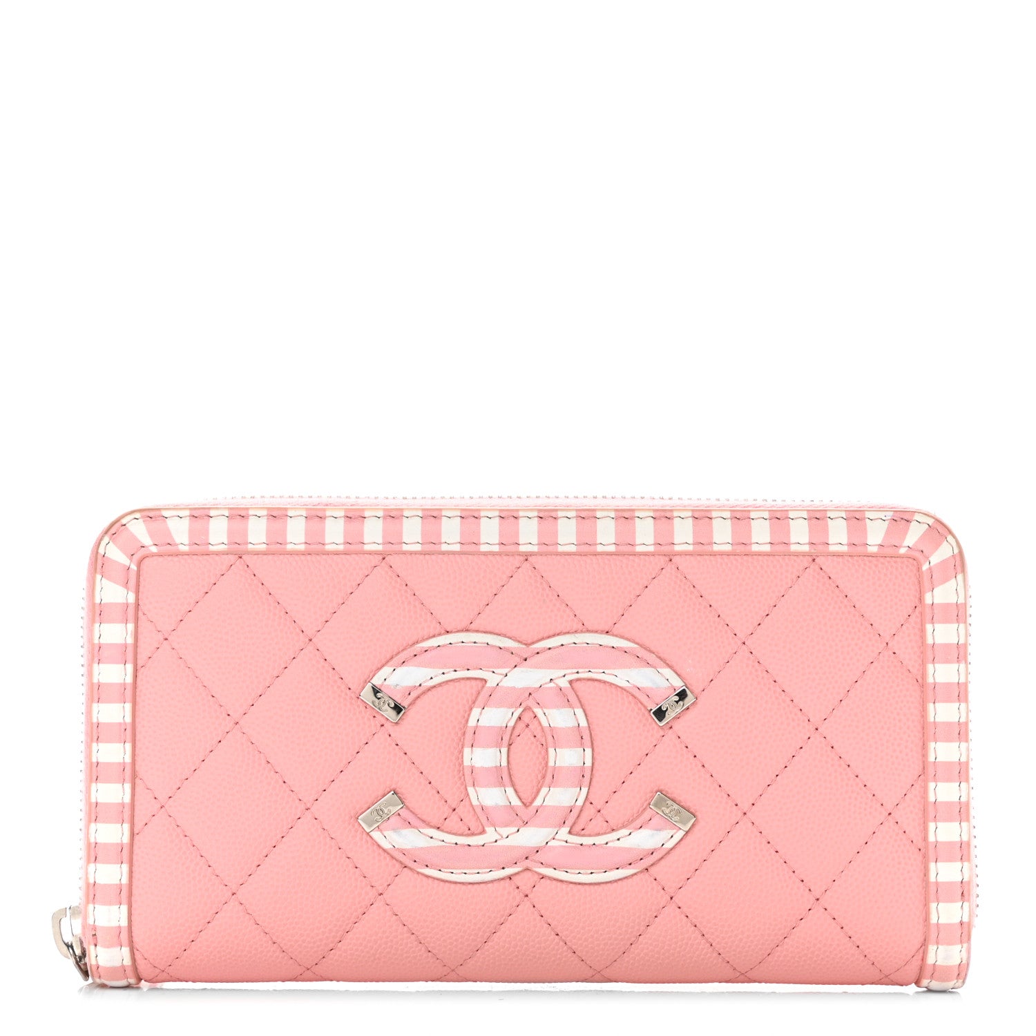 Chanel Caviar Quilted Stripe Filigree Zip Around Wallet Pink White 1 of 12