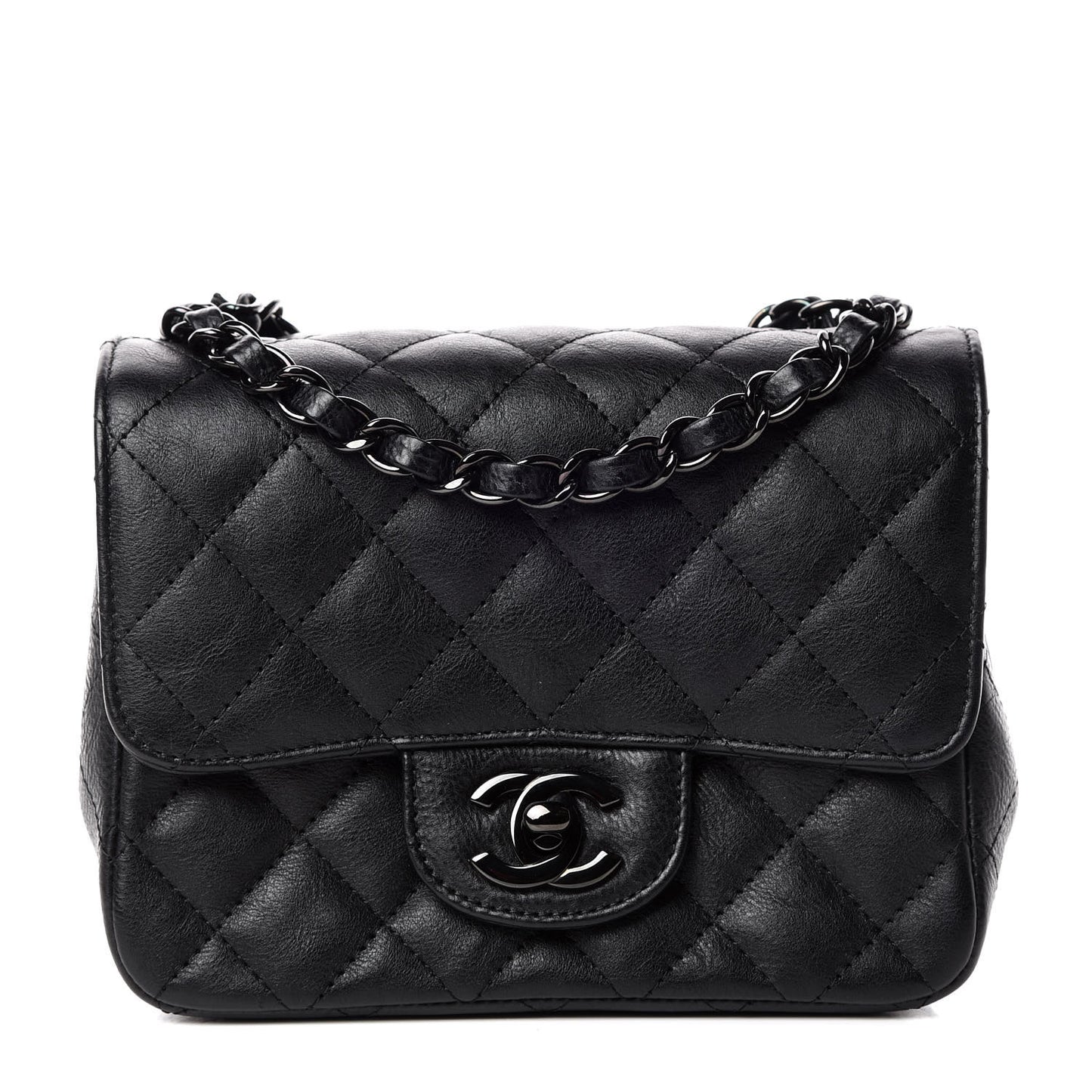 Crumpled Calfskin Quilted Mini Square Flap So Black
