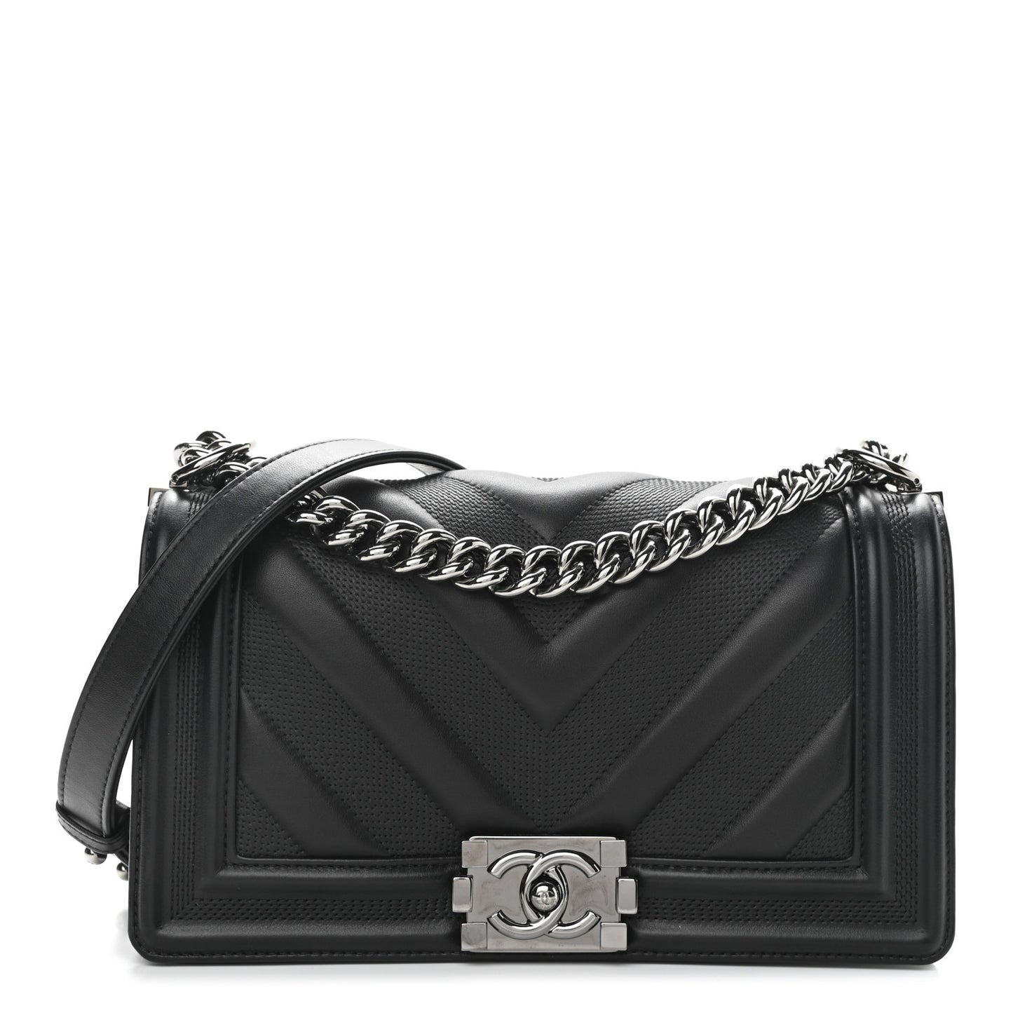 Calfskin Perforated Chevron Quilted Medium Boy Flap Black